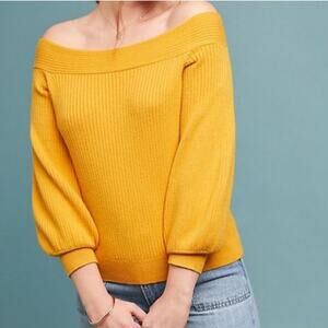 Anthropologie Moth Sweater Sz Small S Off-Shoulder Yellow Ribbed balloon sleeve
